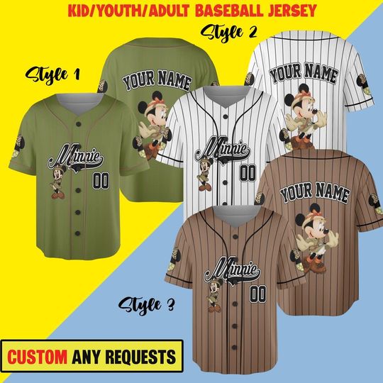 Discover Custom Name Minnie Mouse Safari Baseball Jersey, Custom Disneyland Jersey, Minnie Mouse Birthday, Gift For Disney Fans, Minnie Sport Outfit