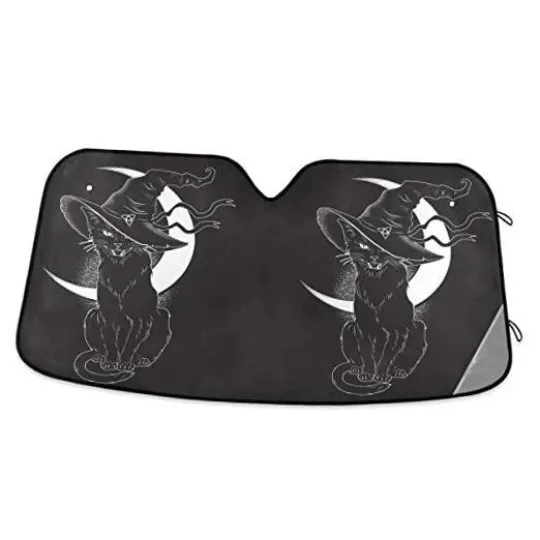 Discover Black Cat Car Windshield Sun Shade Witch Hat Moon Halloween Foldable multi 13