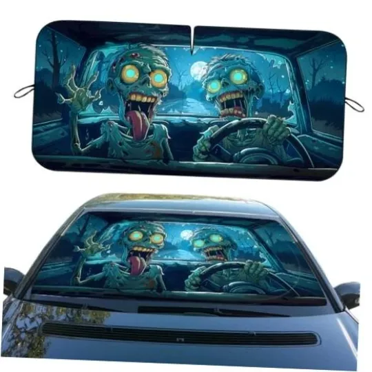 Discover Car Front Window Sun Shield Cool Cartoon Halloween 59"L x 31.5"W Funny Zombie