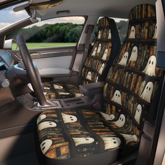 Discover Bookish Ghost Car Seat Covers, Whimsigoth Decor for Car, Witchy Dark Academia Aesthetic Car Accessories, Cute Bookish Seat Covers for Car