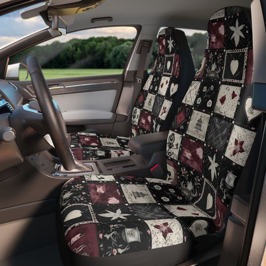 Goth Patchwork Car Seat Cover Set, Print Faux Illusion Patchwork Crochet Quilt Car Seat Cover Interior Gothic Vintage Preppy New Driver Gift
