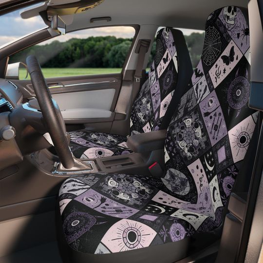 Discover Witchy Pastel Goth Car Seat Covers: Purple and Black Patchwork Auto Decor (Set of Two) Halloween Decor, Goth Auto Acessories, Teen Gift Her