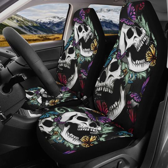 Discover Floral skull car seat cover, rose skull rug mat for car, Halloween skeleton car seat cover, Death floral gothic skull car seat cover car mat
