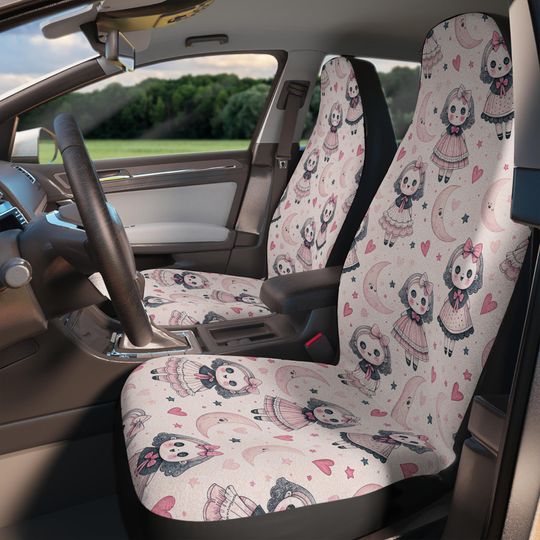 Discover Halloween Coquette Set of 2 Car Seat Covers, Pink Bows, Ghosts & Hearts, Kawaii Girly Car Decor, Spooky Cute Auto Accessories for Women