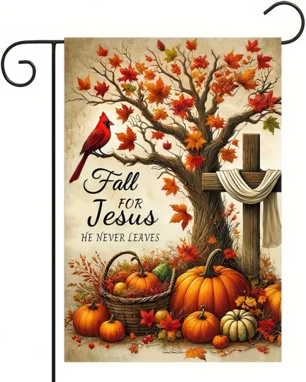 Fall Jesus Garden Flag with Pumpkin and Cross Design, Autumn Christian Yard Decor