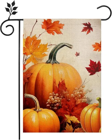 Discover Fall Pumpkin Garden Flag  Maple Leaf Thanksgiving Rustic Double-Sided