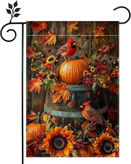Cardinal Red Garden Flag Double Sided Burlap Fall Pumpkin Sunflower