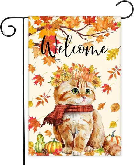 Fall Cat Welcome Garden Flag Outdoor Autumn Decor Double Sided
