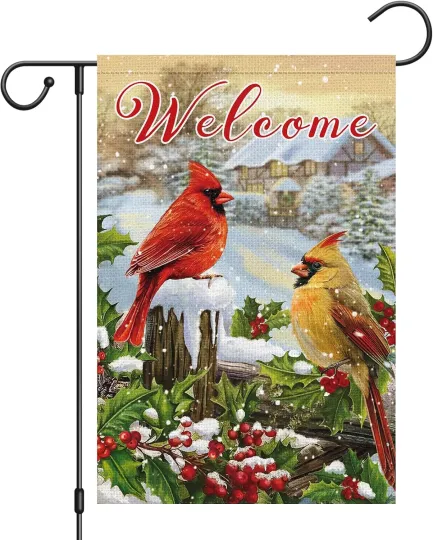 Discover Welcome Christmas Cardinal Garden Flag Double Sided Burlap Red