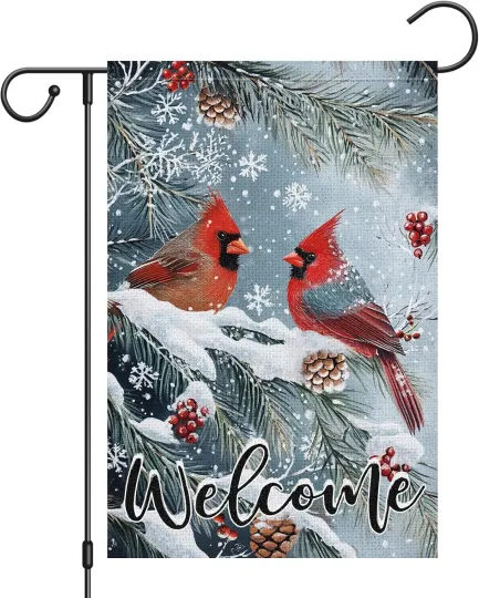 Welcome Winter Garden Flag Cardinal Red  Christmas Yard Flag