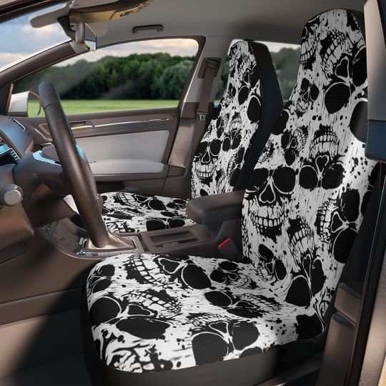 Discover Skull Grunge Car Seat Covers, Set of 2 Custom Black and White Grunge Skull Seat Covers, Universal Front Car Seat Protector, Birthday Gift