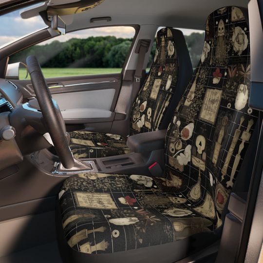Discover Goth Patchwork Car Seat Cover Set, Print Faux Illusion Patchwork Crochet Quilt Car Seat Cover Interior Gothic Vintage Preppy New Driver Gift
