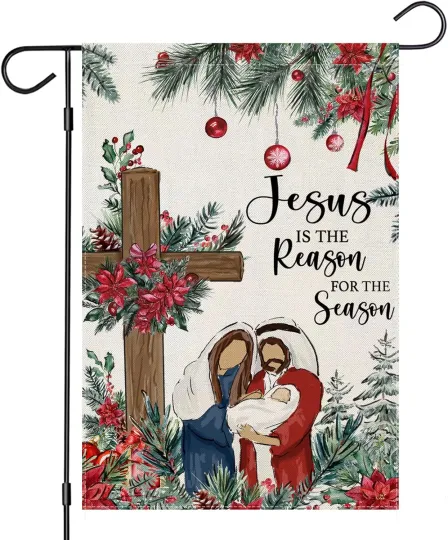 Discover Merry Christmas Garden Flag, Double Sided, Religious Cross Nativity