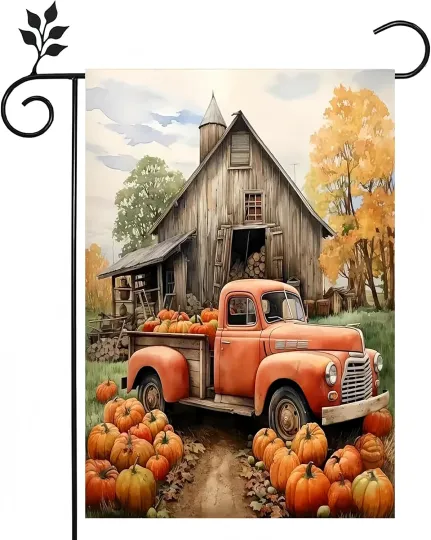 Discover Fall Garden Flags 12X18 Double Sided, Truck Pumpkin Yard Flags for Outside, Smal