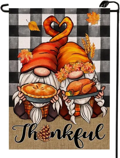 Thankful Gnomes Thanksgiving Garden Flag Double Sided Buffalo Plaid