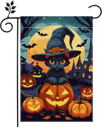 Discover Halloween Cat Garden Flag  Double Sided Burlap Pumpkin