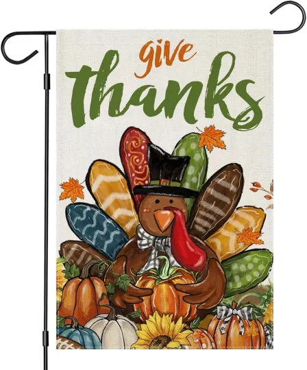 Discover Fall Garden Flag Double-Sided Give Thanks Thanksgiving Turkey