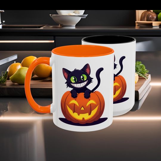 Discover Halloween Cat Accent Mug - Perfect for Trick-or-Treat, Cozy Autumn Days, Cat Lovers, Spooky Season Decor, Unique Gift Idea