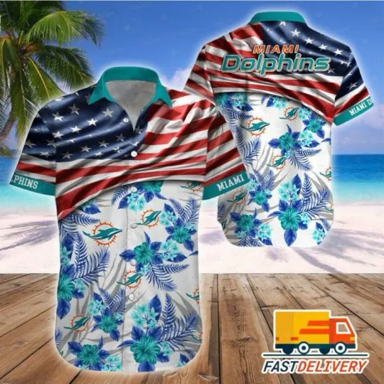 Miami Dophiins Stars And Stripes Floral Hawaiian Shirt Unisex, Gift for Fan