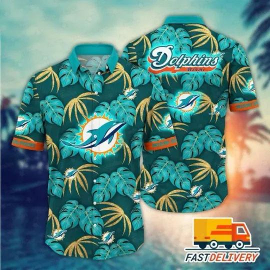 Discover Miami Dophiins Leafy Island Vibes Hawaiian Shirt Unisex, Gift for Fan