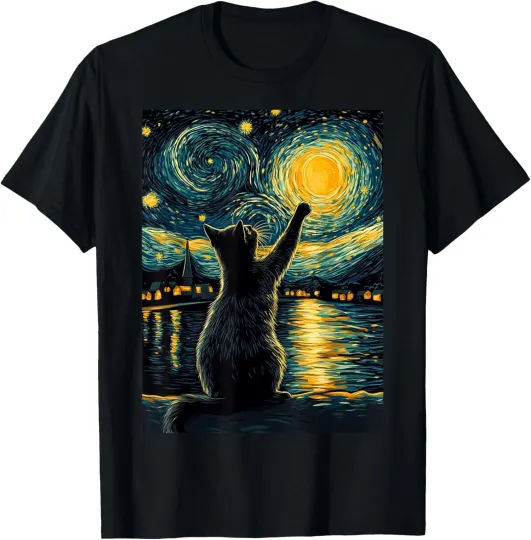 Discover Black Cat Starry Night Van Gogh T-Shirt for Cat Lovers Unisex