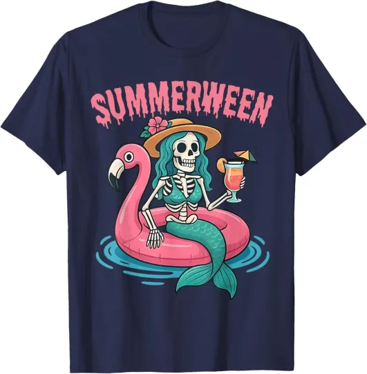 Discover Summerween Mermaid Skeleton Flamingo Unisex T-Shirt