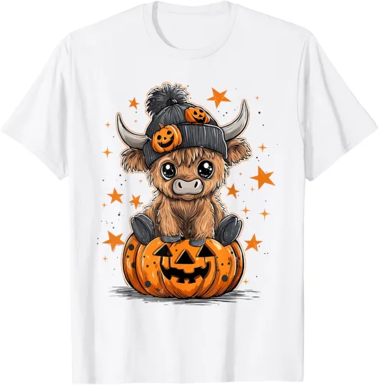 Discover Cute Pumpkin Highland Cow Halloween T-Shirt for Unisex