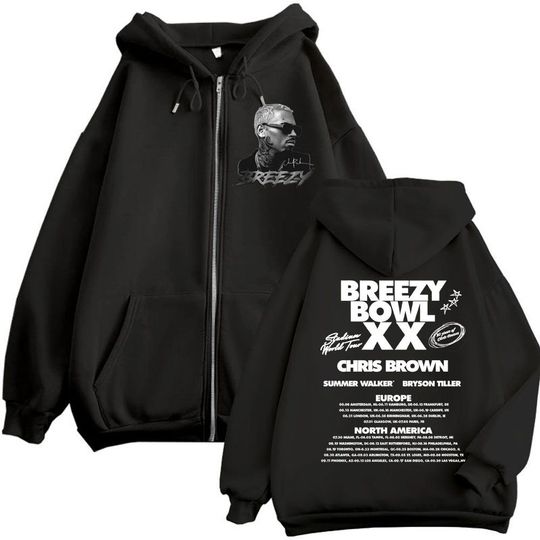 Chris Brown Breezy Bowl XX Tour 2025 Zip Hoodie Vintage Hip Hop Zipper Sweatshirt Men Women