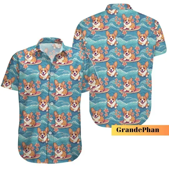 Surfing Corgi Hawaiian Shirt, Corgi Mom Shirt, Hawaiian Vacation Travel, Party Shirt