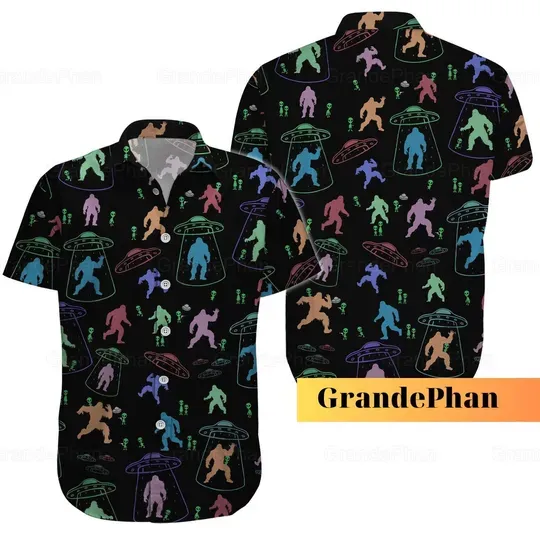 Discover Alien Bigfoot Ufo Hawaiian Shirt, Bigfoot Button Up Shirt, Button Shirt For Men, Alien Shirt, Bigfoot Shirt