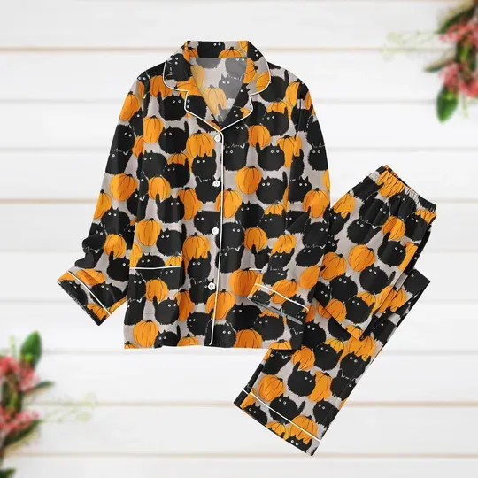 Discover Halloween Cat Pajamas Set, Cat Pumpkin Women Pajamas, Spooky Season Thick Pajamas, Cat Lover Gift