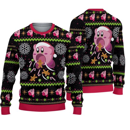 Cute Pink Hungry Kirbys Dream Land Ugly Christmas Sweater, Kirby Santa Claus Sweater, Video Game Christmas Ugly Sweater, Xmas Gift