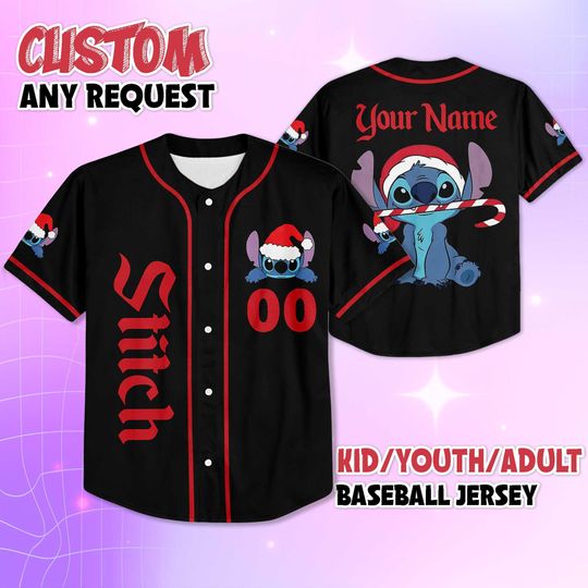 Discover Personalized Stitch Christmas Baseball Jersey, Custom Disney Lilo and Stitch Jersey Shirt, Holiday Team Outfit, Xmas Gift for Fans