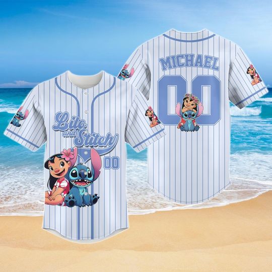 Discover Personalized Stitch and Lilo Jersey Shirt, Blue Striped Baseball Top, Disney Fan Gift, Family Vacation Shirt, Custom Name Baseball Jers
