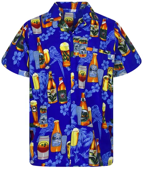 Funky Hawaiian Shirt with Beer Bottle Print - Blue