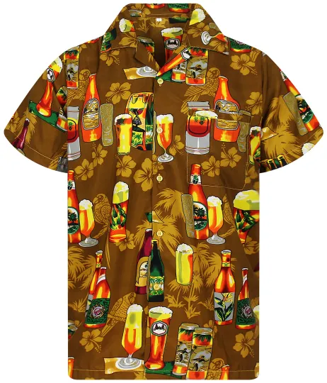 Discover Funky Hawaiian Shirt Beer Bottle Pattern Brown