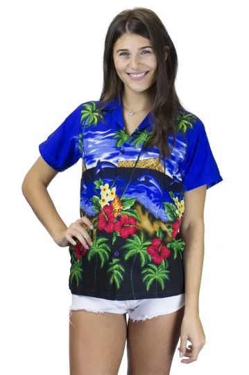 Discover Funky Hawaiian Blouse Dolphin Dark Blue Different Sizes Hawaiian Shirt