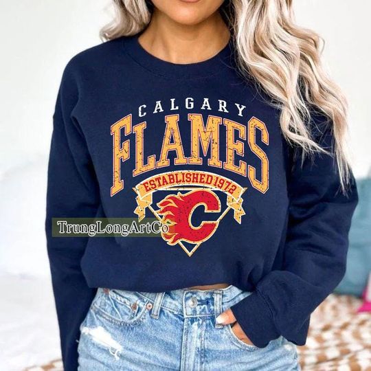 Discover Calgary Flames Sweatshirt Crewneck, Vintage Flames shirt, Calgary Hockey Fan shirt, Hockey Tee, Flames Sweatshirt