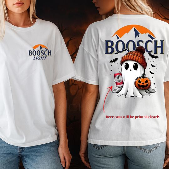 Discover Boosch Light Apple Beer Halloween T-Shirt, Spooky Ghost Double Sided Tee, Ghost Halloween Shirt, Spooky Season Beer T-Shirt