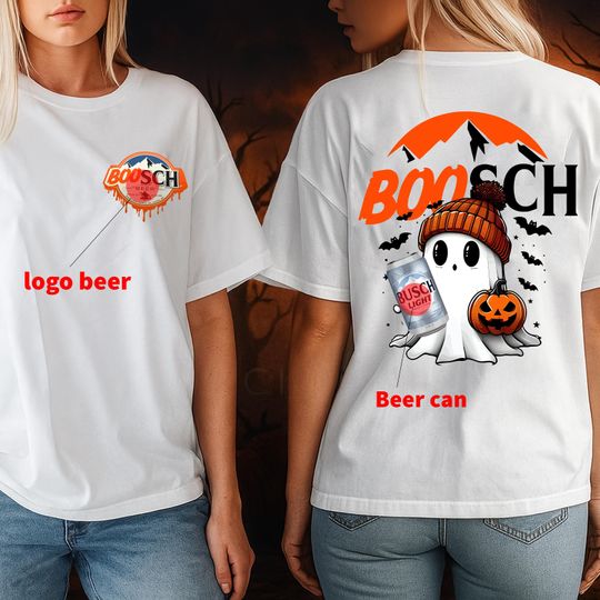 Discover Boosch Halloween Beer T-shirt, Ghost Pumpkin Can Tee, Spooky Fall Costume, Unisex Double Sided Funny Drinking Shirt