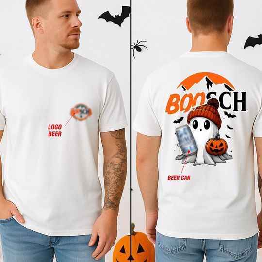 Discover Boosch Light Halloween T-Shirt - Cute Boo Ghost with Pumpkin and Beer Can, Double Sided Graphic Tee, Spooky Funny Shirt for Men and Women