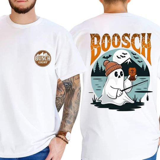 Boosch Light Halloween T-Shirt - Funny Ghost Beer Can 2-Sided Graphic Tee, Spooky Fishing Scene, Unisex Fall Shirt, Gift for Men Women