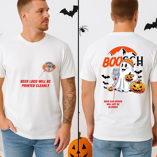 Discover Boosch Light Halloween T-Shirt - Cute Ghost & Pumpkin Double Sided Graphic Tee, Spooky Beer Can Design, Unisex Gift