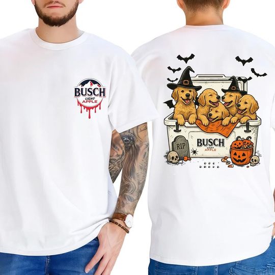 Halloween Dog Beer T-Shirt, Funny Golden Retriever with Pumpkin and Cooler, Spooky Season Gift for Men
