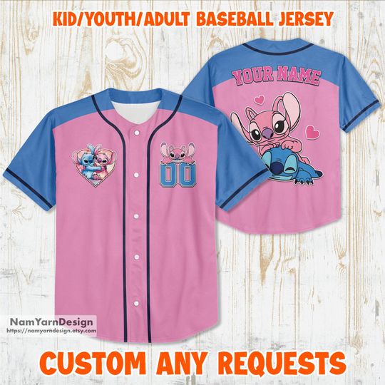 Custom Name & Number Stitch And Angel Baseball Jersey, Personalized Couple Lovers Shirt, Stitch And Angel Jersey, Disney Baseball Gift