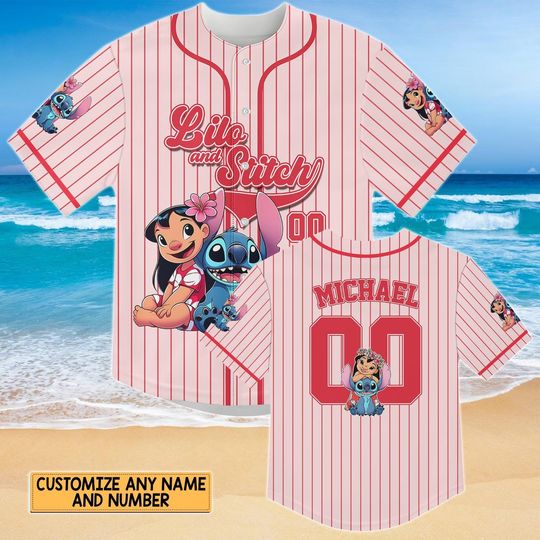 Discover Custom Lilo and Stitch Baseball Jersey, Red Stripe Stitch Jersey, Cute Disney Fan Gift, Personalized Outfit, Lilo 2025 Jersey Kids Shir