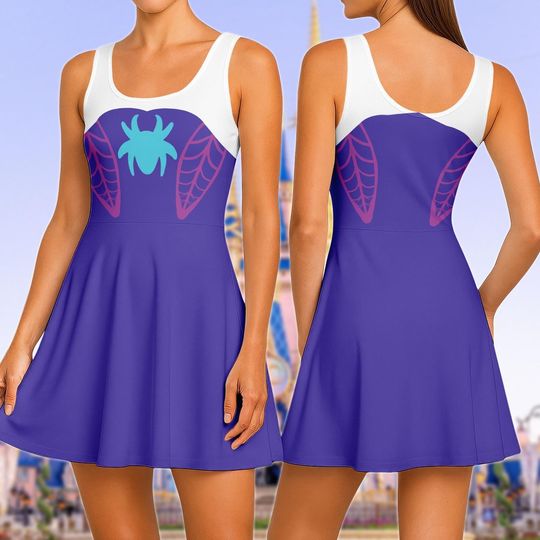 Discover Spider Gwen Purple Cosplay Skater Dress, Gwen Stacy Spidey Women Dress, Disney Superhero Costume Dress, Halloween 2025 Running Dress