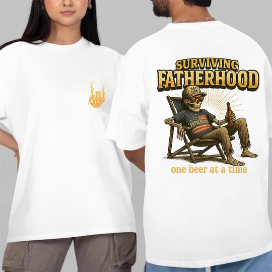 Discover Funny Dad T-Shirt - Surviving Fatherhood Skull Beer Graphic