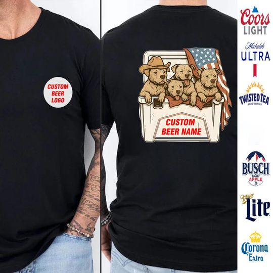 Discover Dog Beer Patriotic T-Shirt  Custom Puppy Cooler Double Sided Graphic Tee, Funny American Flag Pride Tee, Gift for Husband and Dad