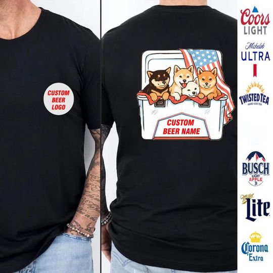 Discover Patriotic Dog Beer Party T-Shirt  Funny Puppy Cooler 2 Sided Graphic Tee, Custom American Flag Outfit, Gift for Dad and Husband